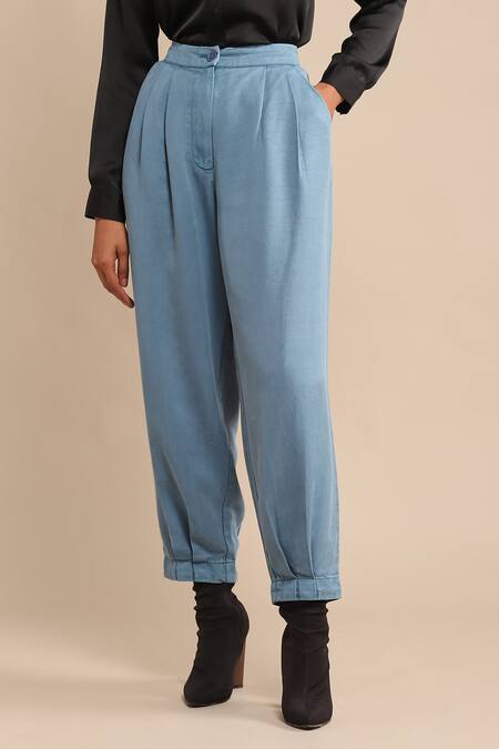 Shop Ritu Kumar Blue Cotton, Viscose Pleated Solid Tapered Pant at Aza Fashions Shop_Ritu Kumar_Blue Cotton, Viscose Pleated Solid Tapered Pant_at_Aza_Fashions