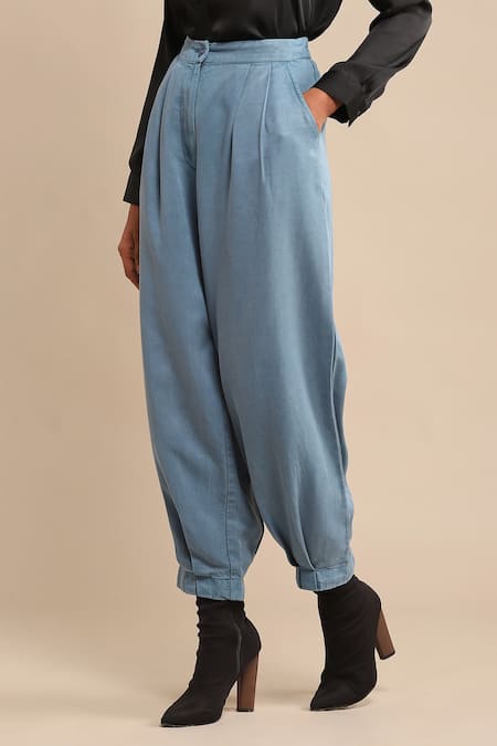 Ritu Kumar Blue Cotton, Viscose Pleated Solid Tapered Pant Online at Aza Fashions Ritu Kumar_Blue Cotton, Viscose Pleated Solid Tapered Pant_Online_at_Aza_Fashions
