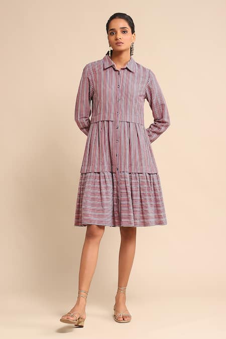 Ritu Kumar Multi Color 100% Cotton Stripe Pattern Shirt Collar Tiered Dress 