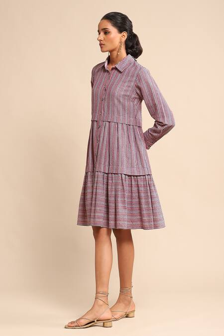 Ritu Kumar_Multi Color Cotton Collared Stripe Pattern Tiered Dress_Online_at_Aza_Fashions