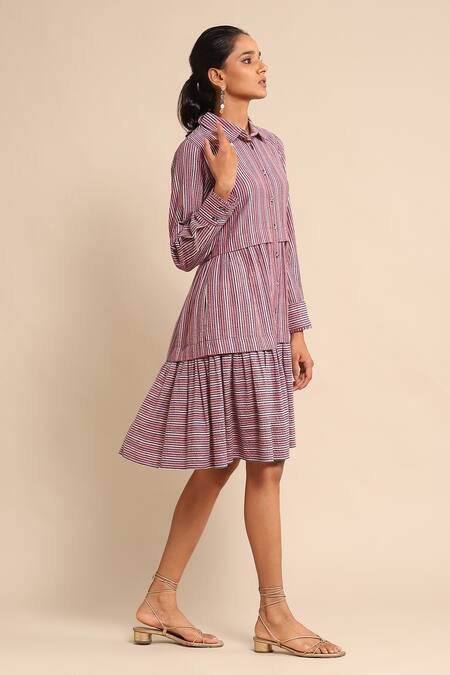 Buy_Ritu Kumar_Multi Color Cotton Collared Stripe Pattern Tiered Dress_Online_at_Aza_Fashions