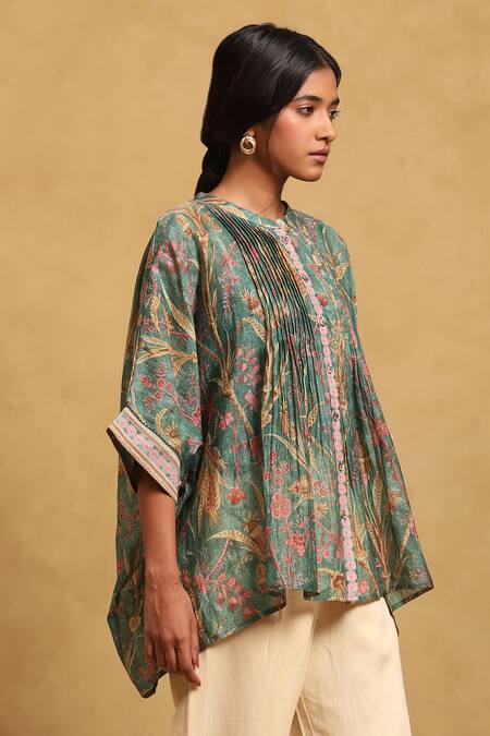 Shop_Ritu Kumar_Green Cotton, Silk Bandeau Neck Botanical Print Short Tunic_Online_at_Aza_Fashions
