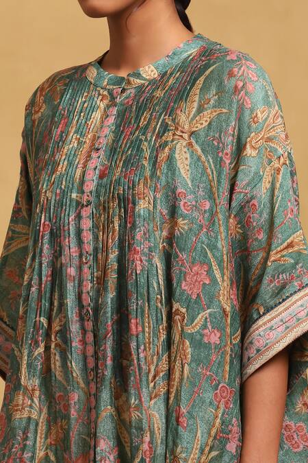 Ritu Kumar_Green Cotton, Silk Bandeau Neck Botanical Print Short Tunic_at_Aza_Fashions