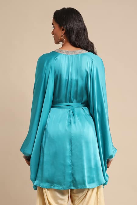 Shop Ritu Kumar Blue Polyester Embroidery Bandeau Neck Collar Kaftan Tunic at Aza Fashions Shop_Ritu Kumar_Blue Polyester Embroidery Bandeau Neck Collar Kaftan Tunic_at_Aza_Fashions