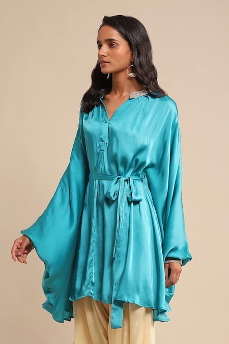 Buy Ritu Kumar Blue Polyester Embroidery Bandeau Neck Collar Kaftan Tunic Online at Aza Fashions Buy_Ritu Kumar_Blue Polyester Embroidery Bandeau Neck Collar Kaftan Tunic_Online_at_Aza_Fashions