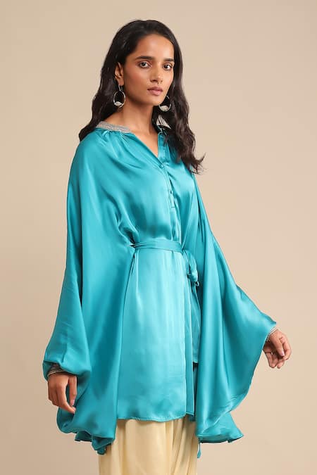 Shop Ritu Kumar Blue Polyester Embroidery Bandeau Neck Collar Kaftan Tunic Online at Aza Fashions Shop_Ritu Kumar_Blue Polyester Embroidery Bandeau Neck Collar Kaftan Tunic_Online_at_Aza_Fashions