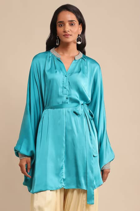 Ritu Kumar Blue Polyester Embroidery Bandeau Neck Collar Kaftan Tunic at Aza Fashions Ritu Kumar_Blue Polyester Embroidery Bandeau Neck Collar Kaftan Tunic_at_Aza_Fashions
