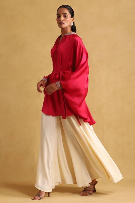 Ritu Kumar_Fuchsia Polyester Embroidery Bandeau Neck Collar Short Kaftan Tunic_Online_at_Aza_Fashions