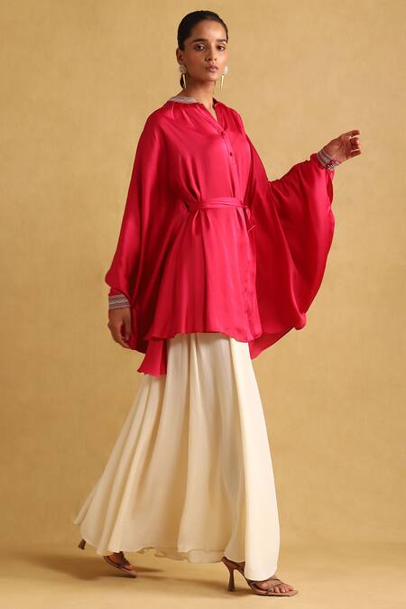 Buy_Ritu Kumar_Fuchsia Polyester Embroidery Bandeau Neck Collar Short Kaftan Tunic_Online_at_Aza_Fashions