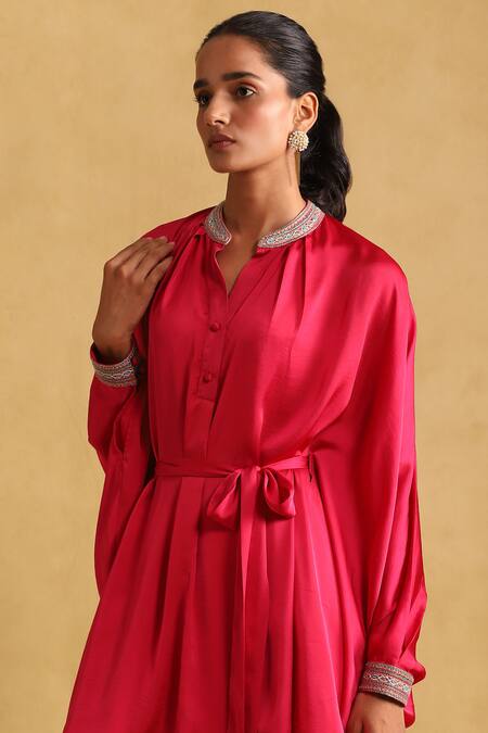 Shop_Ritu Kumar_Fuchsia Polyester Embroidery Bandeau Neck Collar Short Kaftan Tunic_Online_at_Aza_Fashions