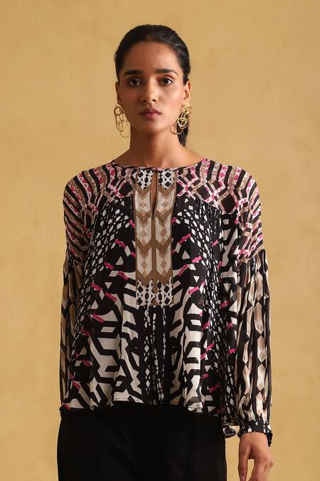 Ritu Kumar Black Viscose Boat Neck Abstract Print Short Tunic Online at Aza Fashions Ritu Kumar_Black Viscose Boat Neck Abstract Print Short Tunic_Online_at_Aza_Fashions