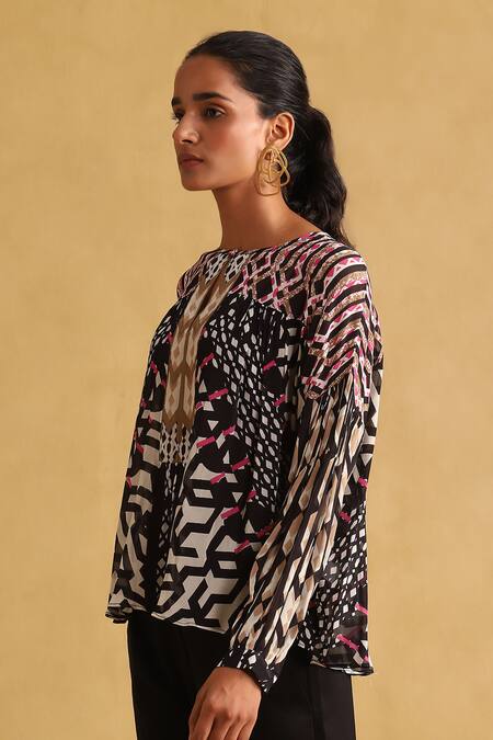 Buy Ritu Kumar Black Viscose Boat Neck Abstract Print Short Tunic Online at Aza Fashions Buy_Ritu Kumar_Black Viscose Boat Neck Abstract Print Short Tunic_Online_at_Aza_Fashions