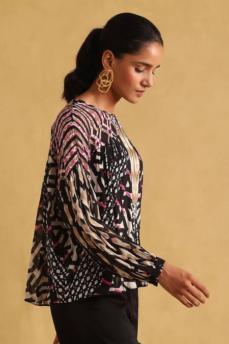 Shop Ritu Kumar Black Viscose Boat Neck Abstract Print Short Tunic Online at Aza Fashions Shop_Ritu Kumar_Black Viscose Boat Neck Abstract Print Short Tunic_Online_at_Aza_Fashions