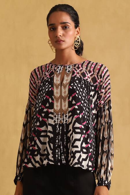 Ritu Kumar Black Viscose Boat Neck Abstract Print Short Tunic at Aza Fashions Ritu Kumar_Black Viscose Boat Neck Abstract Print Short Tunic_at_Aza_Fashions