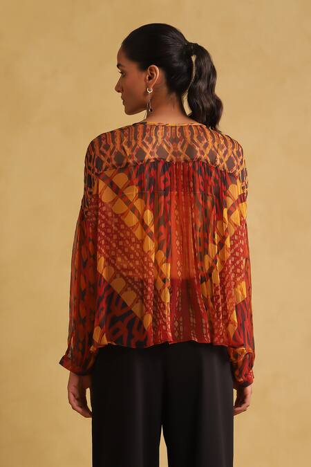 Shop Ritu Kumar Orange Viscose Round Neck Abstract Print Top at Aza Fashions Shop_Ritu Kumar_Orange Viscose Round Neck Abstract Print Top_at_Aza_Fashions