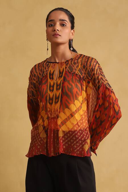 Ritu Kumar Orange Viscose Round Neck Abstract Print Top Online at Aza Fashions Ritu Kumar_Orange Viscose Round Neck Abstract Print Top_Online_at_Aza_Fashions