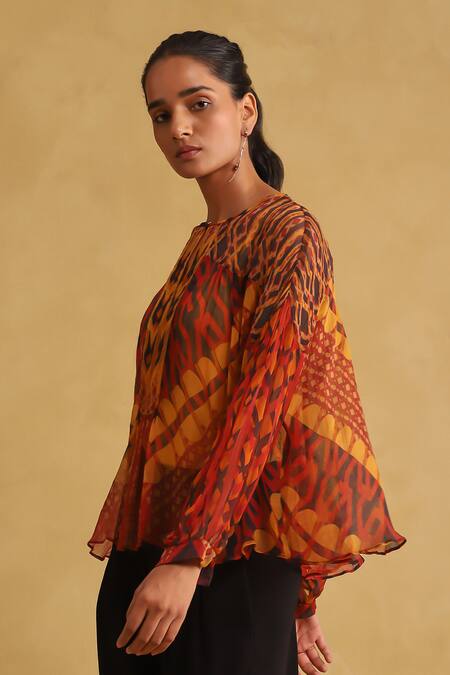 Buy Ritu Kumar Orange Viscose Round Neck Abstract Print Top Online at Aza Fashions Buy_Ritu Kumar_Orange Viscose Round Neck Abstract Print Top_Online_at_Aza_Fashions