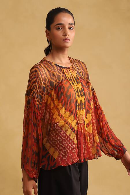 Shop Ritu Kumar Orange Viscose Round Neck Abstract Print Top Online at Aza Fashions Shop_Ritu Kumar_Orange Viscose Round Neck Abstract Print Top_Online_at_Aza_Fashions