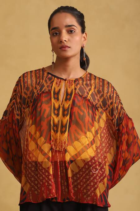 Ritu Kumar Orange Viscose Round Neck Abstract Print Top at Aza Fashions Ritu Kumar_Orange Viscose Round Neck Abstract Print Top_at_Aza_Fashions