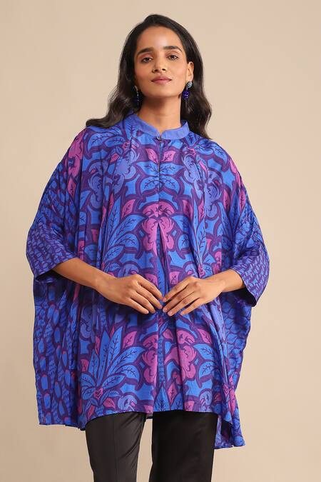Ritu Kumar_Blue Viscose Mandarin Collar Floral Print Short Kaftan Tunic_Online_at_Aza_Fashions