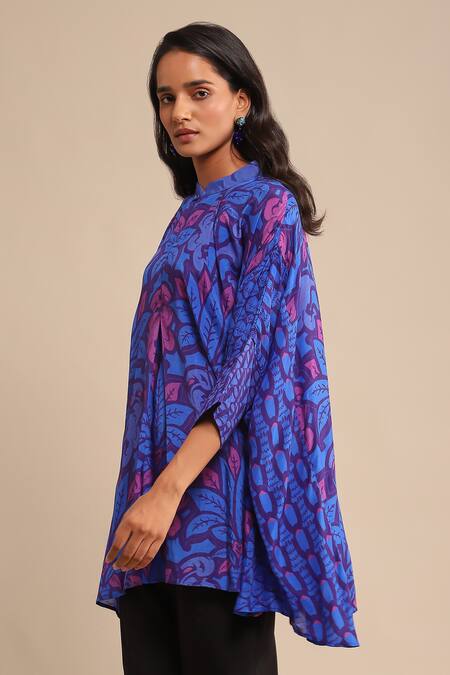 Buy_Ritu Kumar_Blue Viscose Mandarin Collar Floral Print Short Kaftan Tunic_Online_at_Aza_Fashions