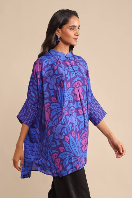 Shop_Ritu Kumar_Blue Viscose Mandarin Collar Floral Print Short Kaftan Tunic_Online_at_Aza_Fashions