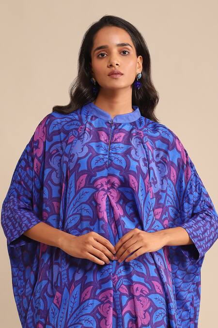 Ritu Kumar_Blue Viscose Mandarin Collar Floral Print Short Kaftan Tunic_at_Aza_Fashions