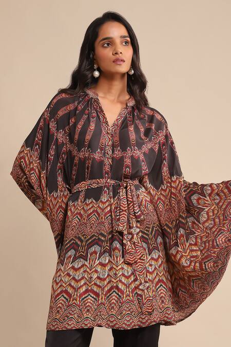 Shop_Ritu Kumar_Black Silk Bandeau Neck Printed Kaftan Tunic_Online_at_Aza_Fashions