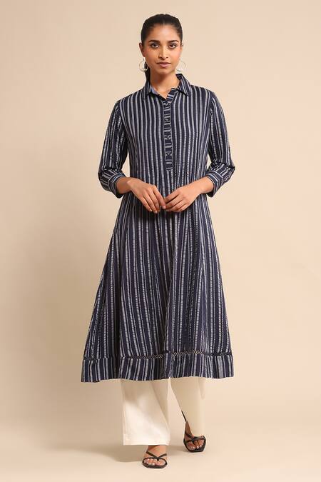 Buy Beige Khicha Cotton Woven Band Collar Stripe Pattern Button Down Kurta  For Women by Ritu Kumar Online at Aza Fashions.