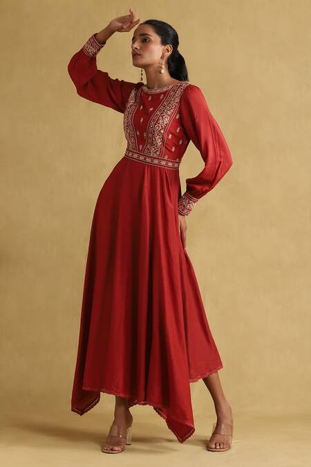 Ritu Kumar_Orange Linen, Viscose Embroidery Round Neck Floral Handkerchief Dress_Online_at_Aza_Fashions