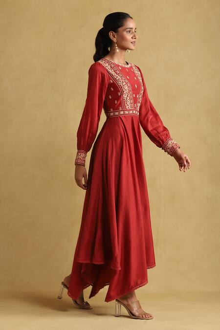 Buy_Ritu Kumar_Orange Linen, Viscose Embroidery Round Neck Floral Handkerchief Dress_Online_at_Aza_Fashions