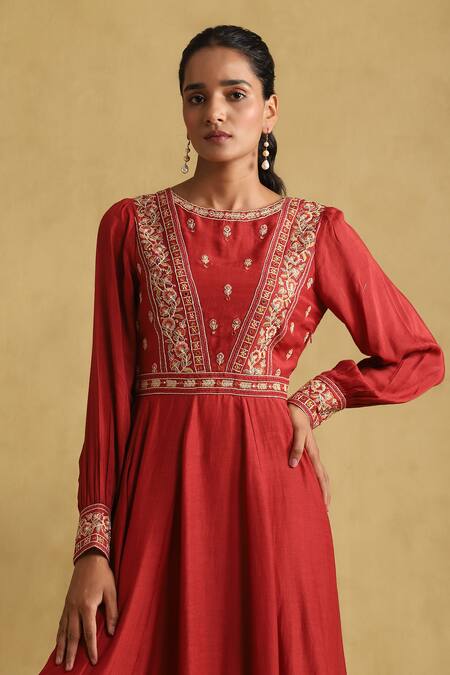 Shop_Ritu Kumar_Orange Linen, Viscose Embroidery Round Neck Floral Handkerchief Dress_Online_at_Aza_Fashions