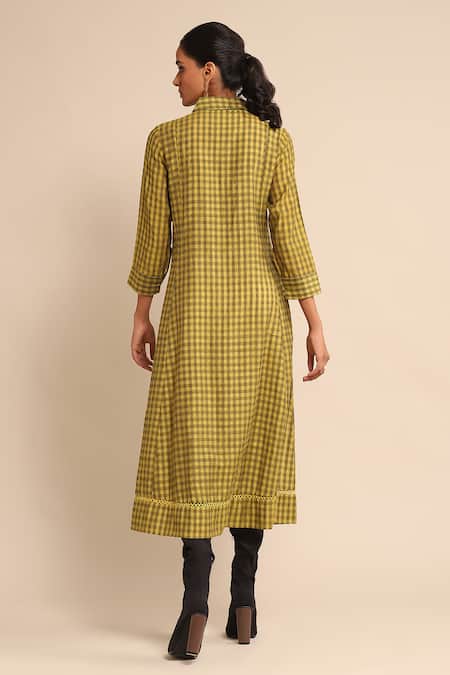 Shop_Ritu Kumar_Yellow Polyester, Viscose, Cotton Collared Checkered Pintucked Dress _at_Aza_Fashions