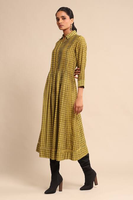 Ritu Kumar_Yellow Polyester, Viscose, Cotton Collared Checkered Pintucked Dress _Online_at_Aza_Fashions