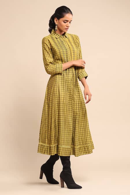 Buy_Ritu Kumar_Yellow Polyester, Viscose, Cotton Collared Checkered Pintucked Dress _Online_at_Aza_Fashions