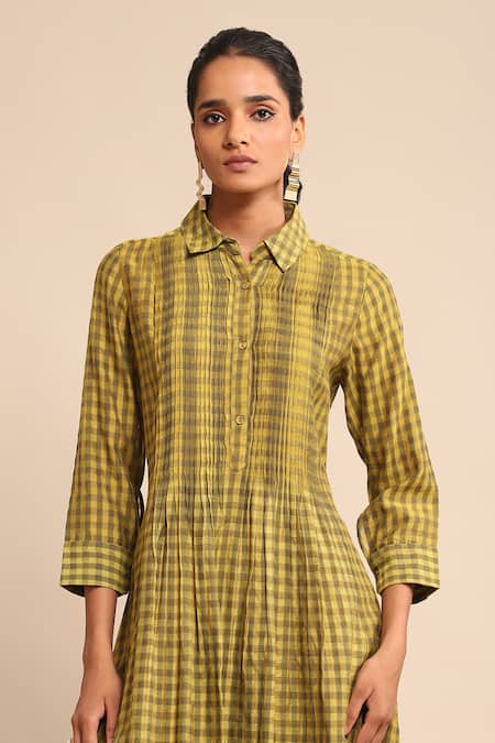 Shop_Ritu Kumar_Yellow Polyester, Viscose, Cotton Collared Checkered Pintucked Dress _Online_at_Aza_Fashions