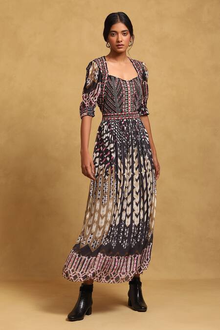 Ritu Kumar_Black Viscose Embroidery Sweetheart Neck Abstract Pattern Fit And Flared Dress _Online_at_Aza_Fashions