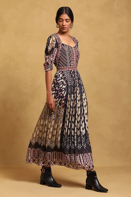 Shop_Ritu Kumar_Black Viscose Embroidery Sweetheart Neck Abstract Pattern Fit And Flared Dress _Online_at_Aza_Fashions