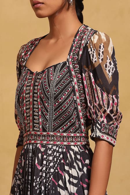 Ritu Kumar_Black Viscose Embroidery Sweetheart Neck Abstract Pattern Fit And Flared Dress _at_Aza_Fashions