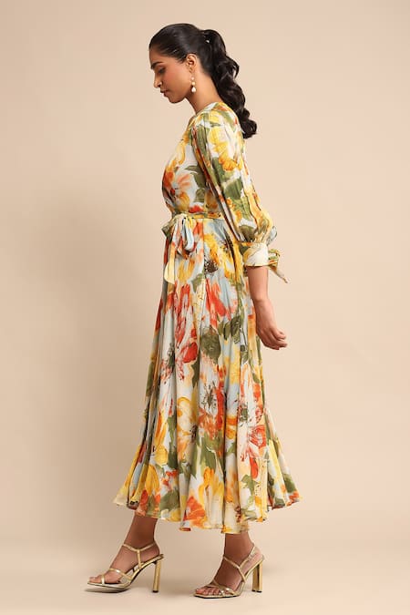 Ritu Kumar_Blue Tencel, Lurex V-neck Floral Print Fit And Flared Dress _Online_at_Aza_Fashions