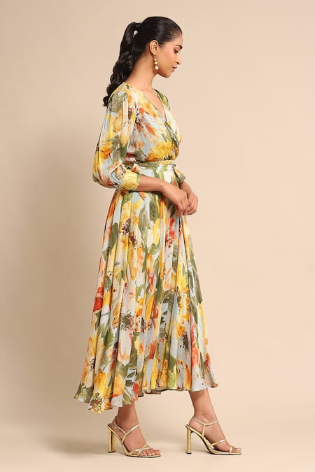 Buy_Ritu Kumar_Blue Tencel, Lurex V-neck Floral Print Fit And Flared Dress _Online_at_Aza_Fashions