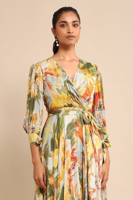 Shop_Ritu Kumar_Blue Tencel, Lurex V-neck Floral Print Fit And Flared Dress _Online_at_Aza_Fashions
