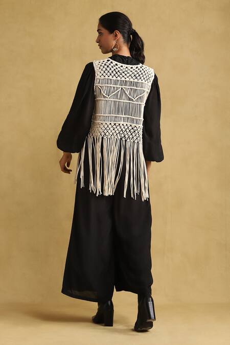 Shop_Ritu Kumar_White Cotton Embroidery Macrame Open Neck Shrug _at_Aza_Fashions