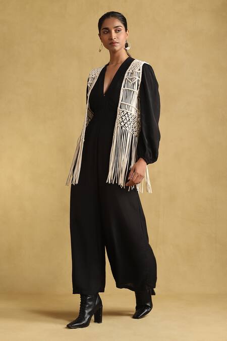 Ritu Kumar_White Cotton Embroidery Macrame Open Neck Shrug _Online_at_Aza_Fashions