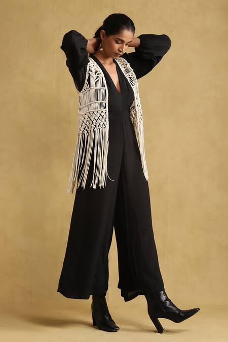 Buy_Ritu Kumar_White Cotton Embroidery Macrame Open Neck Shrug _Online_at_Aza_Fashions