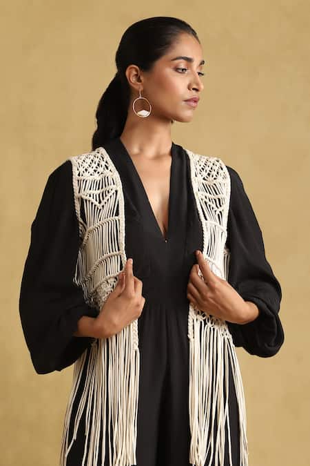 Shop_Ritu Kumar_White Cotton Embroidery Macrame Open Neck Shrug _Online_at_Aza_Fashions