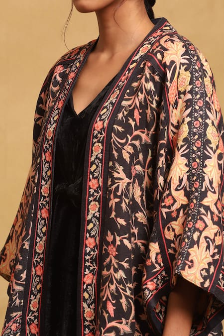 Buy_Ritu Kumar_Black Cotton, Modal, Wool Open Neck Floral Vine Print Shrug_Online_at_Aza_Fashions