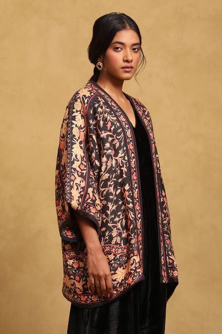 Shop_Ritu Kumar_Black Cotton, Modal, Wool Open Neck Floral Vine Print Shrug_Online_at_Aza_Fashions