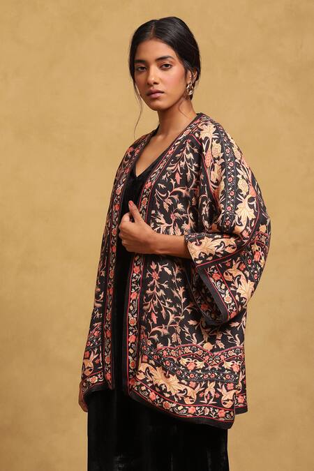 Ritu Kumar_Black Cotton, Modal, Wool Open Neck Floral Vine Print Shrug_at_Aza_Fashions