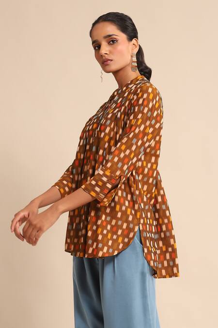 Buy_Ritu Kumar_Brown Cotton Mandarin Collar Ikat Print Shirt_Online_at_Aza_Fashions